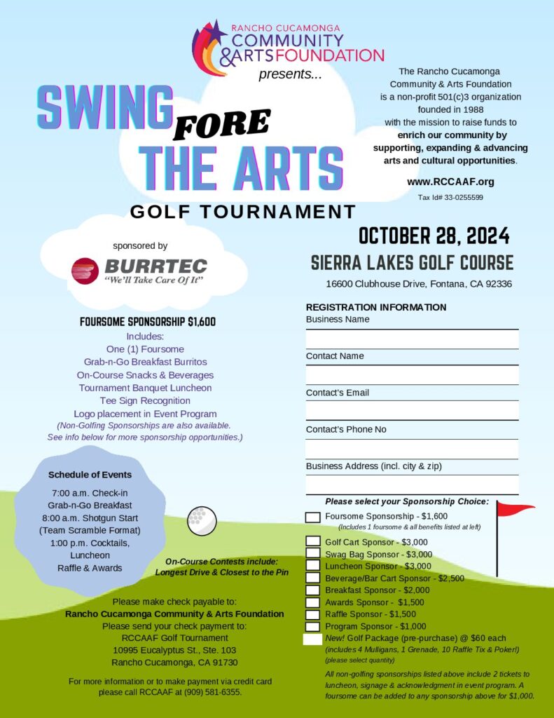 2024 Swing Fore the Arts informational flyer and registration form.