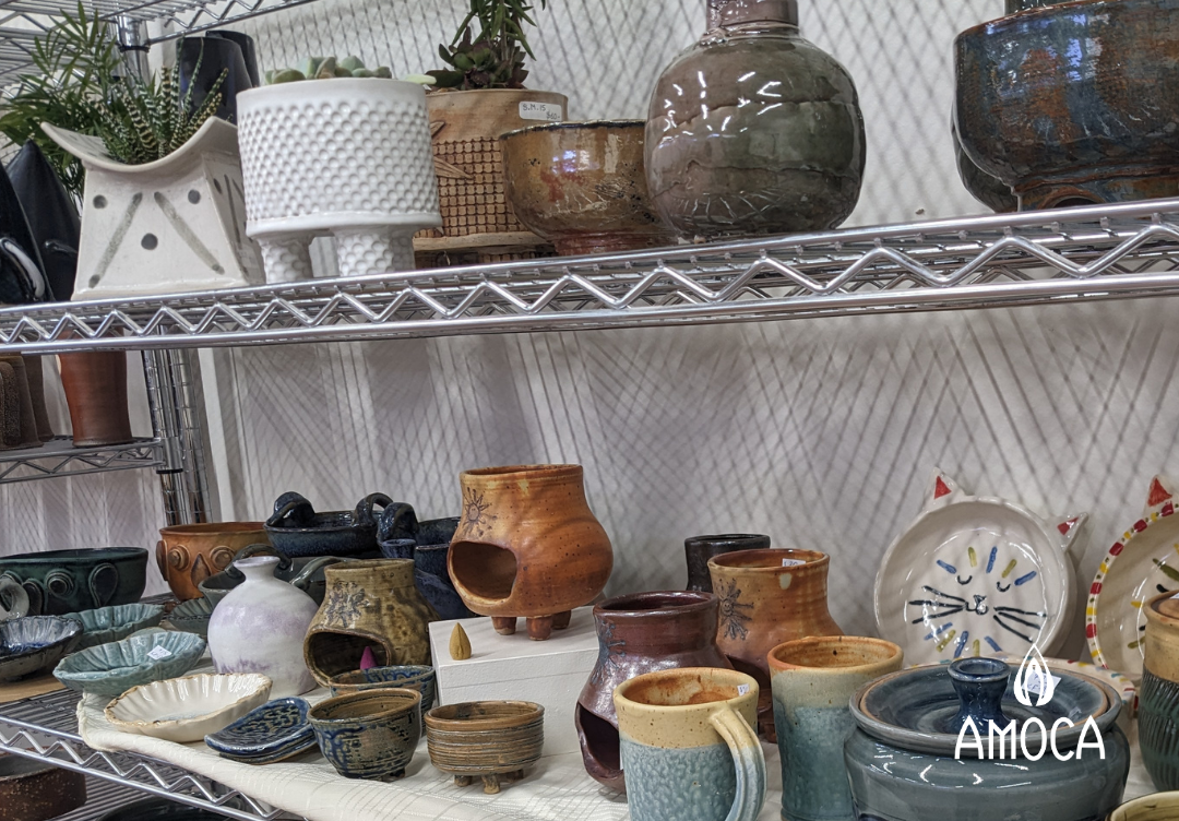 a selection of differenty types of ceramic items displayed on two shelves.